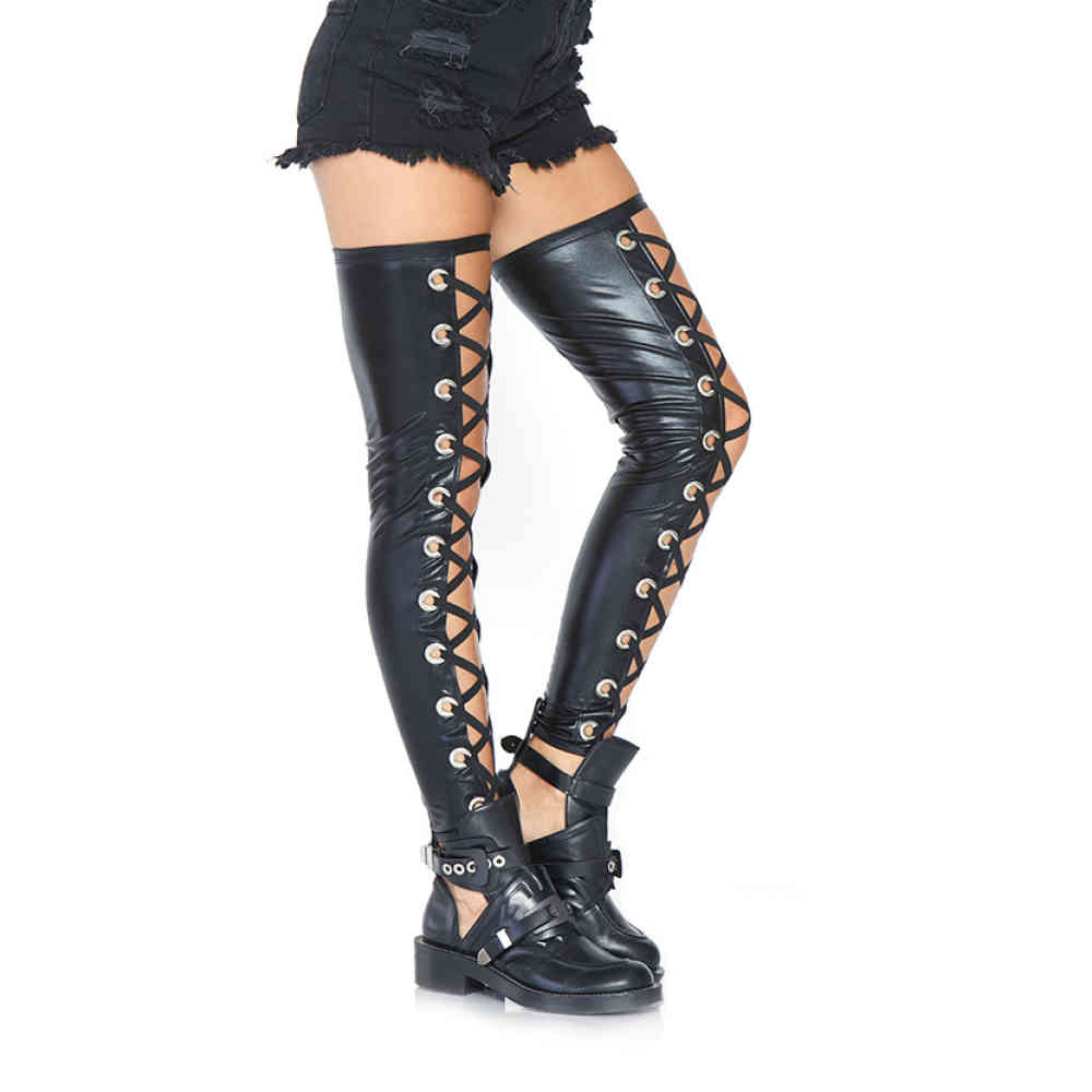 Leg Avenue - Wet Look Lace Up Bas sans pieds - Noir